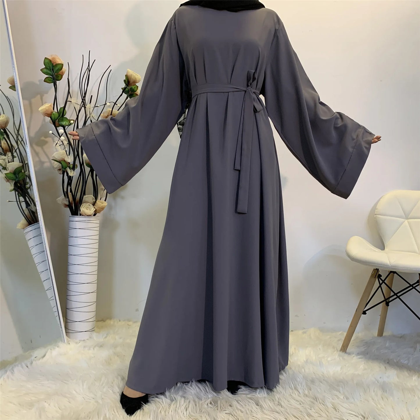 Gray Wide Sleeve Simple Abaya